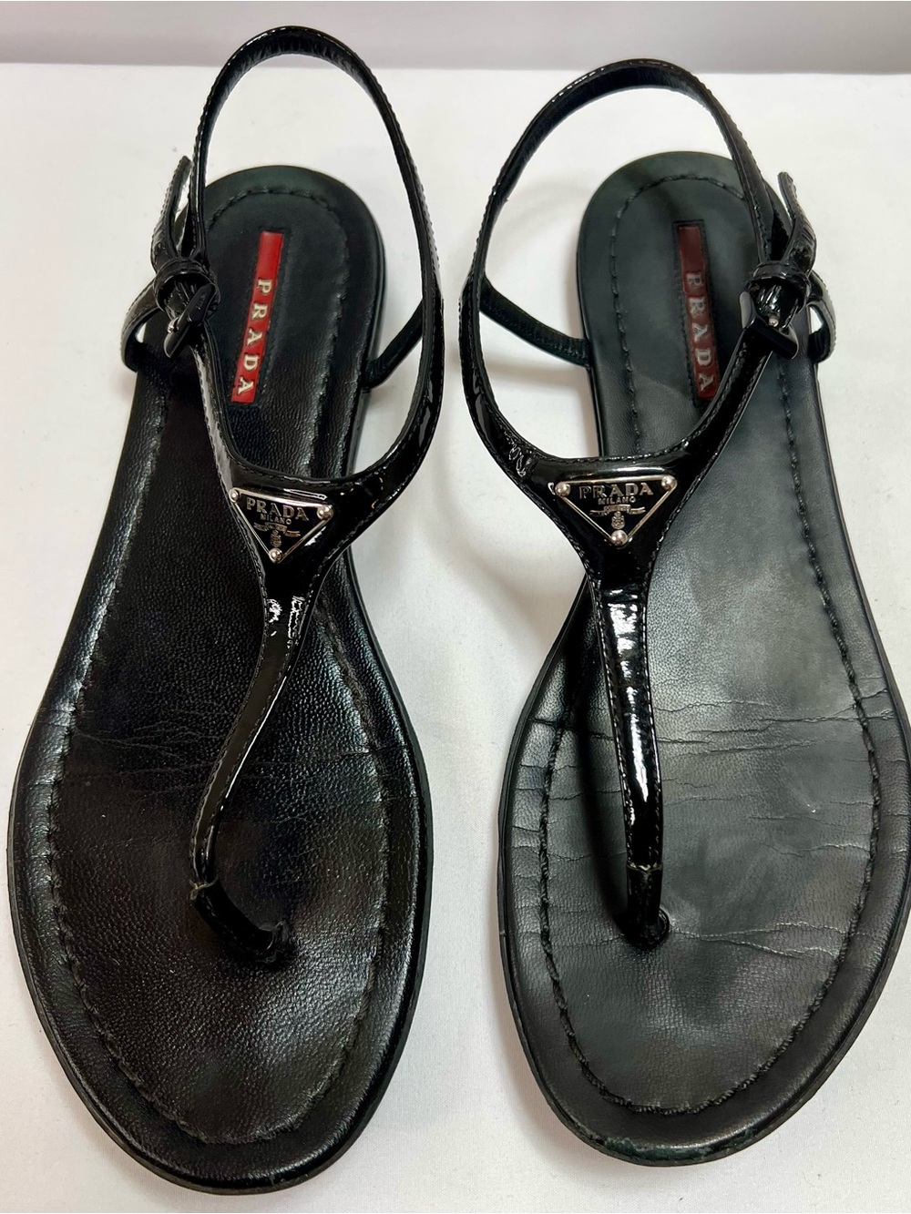 Prada Black Patent T-Strap Slingback Sandals - Picture 5 of 8
